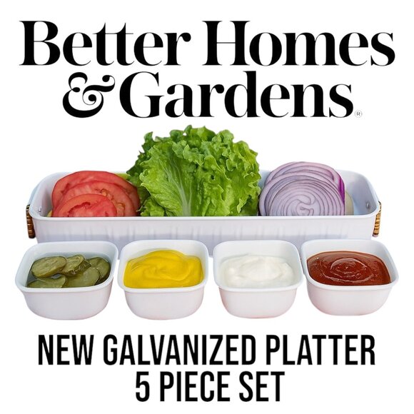 NEW Better Homes & Gardens Galvanized Bowls Tray Rectangle Condiment Tray Set 4 - Picture 1 of 16
